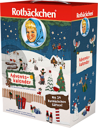 Adventskalender 2024 mit 24 Rotbäckchen Mini Säften Rabenhorst