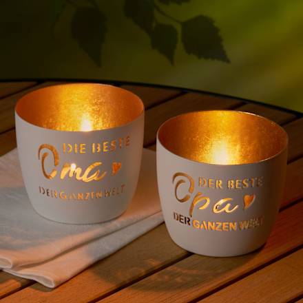 Kerzenhalter aus Metall mit Spruchausstanzung "Opa", weiß-gold Dekorieren & Einrichten