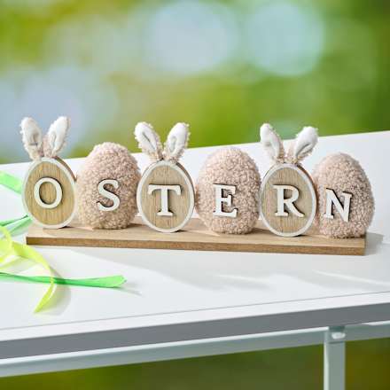 Holzschriftzug "OSTERN" mit Teddyfell & Hasenohren, beige-weiß Dekorieren & Einrichten
