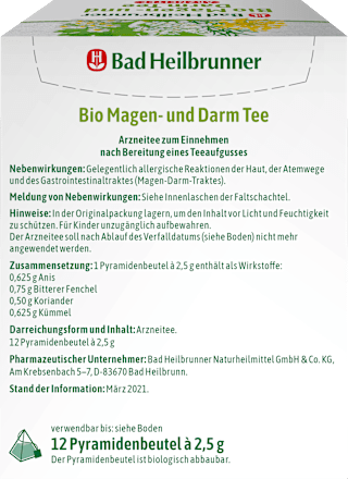 Arzneitee, Bio Magen- & Darm Tee (12 Beutel) Bad Heilbrunner