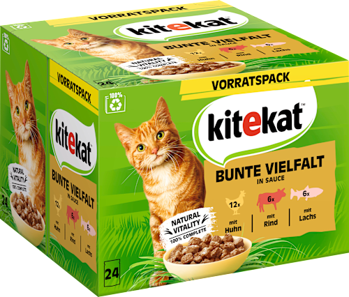 Nassfutter Katze mit Huhn, Rind & Lachs, bunte Vielfalt in Soße, Multipack (24x85 g) kitekat