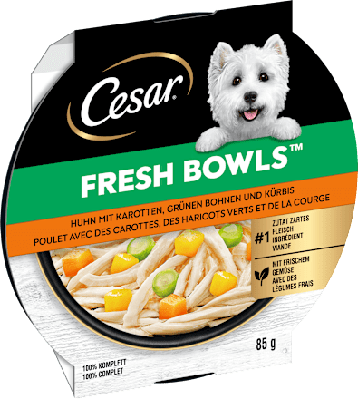 Nassfutter Hund mit Huhn, Karotten & Bohnen, fresh bowls Cesar