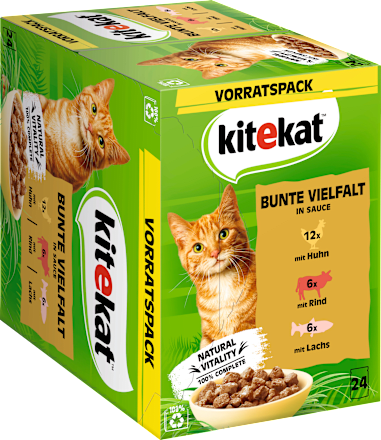Nassfutter Katze mit Huhn, Rind & Lachs, bunte Vielfalt in Soße, Multipack (24x85 g) kitekat