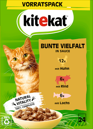 Nassfutter Katze mit Huhn, Rind & Lachs, bunte Vielfalt in Soße, Multipack (24x85 g) kitekat