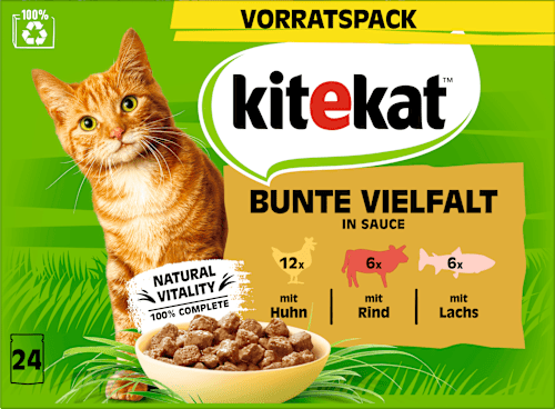Nassfutter Katze mit Huhn, Rind & Lachs, bunte Vielfalt in Soße, Multipack (24x85 g) kitekat