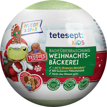 Kinder Badezusatz Badebombe Überraschung Weihnachtsbäckerei Teddies tetesept
