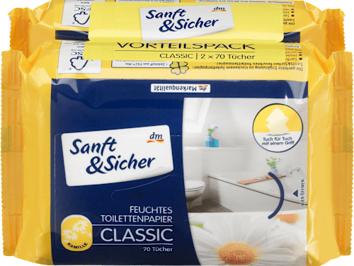 Feuchtes Toilettenpapier Classic Kamille Doppelpack (2x70 Stück) Sanft&Sicher