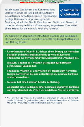 Nahrungsergänzung Ginko, B-Vitamine und Cholin Kapseln Doppelherz