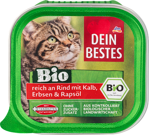 Nassfutter Katze Bio reich an Rind mit Kalb, Erbsen & Rapsöl Dein Bestes