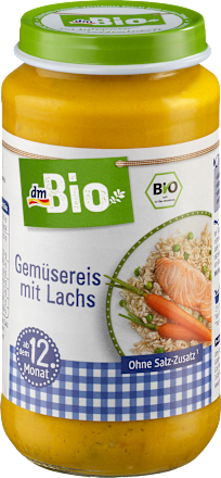 Kindermenü Gemüsereis mit Lachs ab dem 12. Monat dmBio