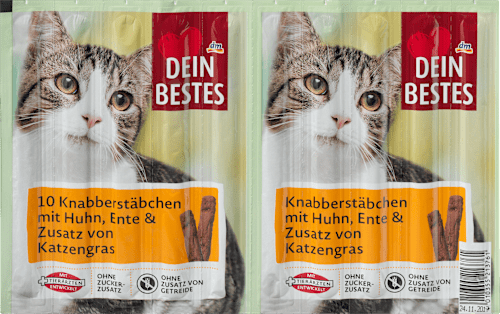 Snack für Katzen, Knabberstäbchen mit Huhn, Ente und Zusatz von Katzengras Dein Bestes