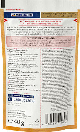 Katzenleckerli fleischige Häppchen mit Truthahn & Leberwurst, Exquisit Dein Bestes