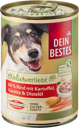 Nassfutter Hund mit Rind, Kartoffel, Karotte & Distelöl, Naturverliebt Dein Bestes