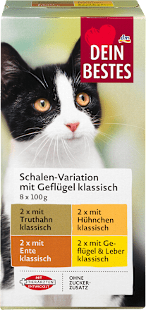 Nassfutter für Katzen, Vorteilspack Schalen klassisch mit Geflügel, 8 x 100g Dein Bestes