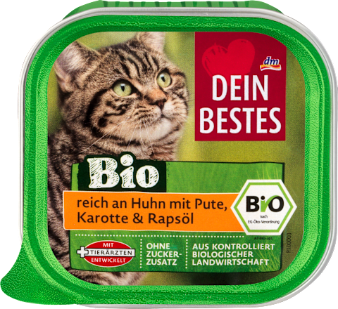 Bio, Nassfutter für Katzen, reich an Huhn mit Pute, Karotte und Rapsöl Dein Bestes