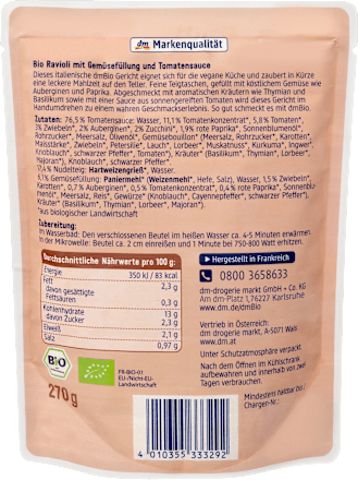 Fertiggericht italienische Ravioli mit Gemüsefüllung dmBio