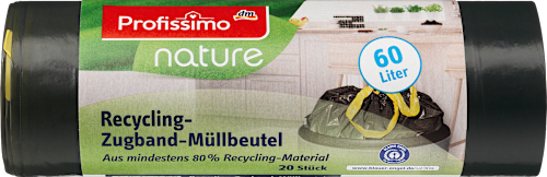 nature Müllbeutel 60L mit Zugband 80% Recyling-Material Profissimo