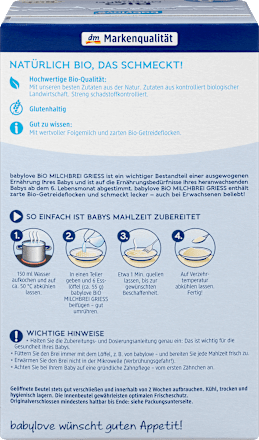 Bio Milchbrei Grieß ab dem 6. Monat babylove