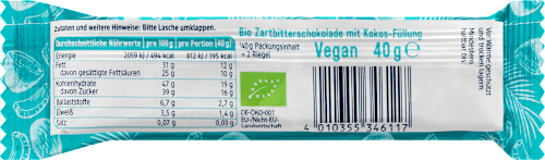 Schokoladen-Riegel Kokos in Zartbitter-Schokolade dmBio