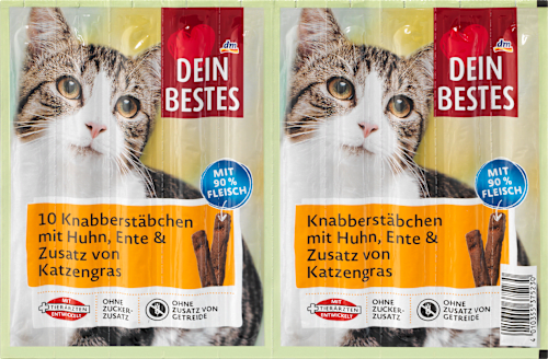 Dein BestesKatzenleckerli, Knabberstäbchen mit Huhn, Ente & Katzengras (10 Stück), 50 gErgänzungsfuttermittel