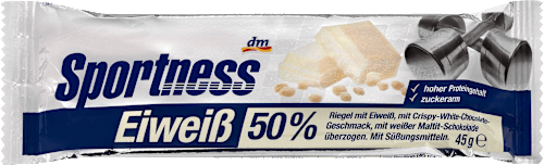 Eiweiß-Riegel 50 %, Crispy-White-Chocolate-Geschmack, mit weißer Maltit-Schokolade überzogen Sportness