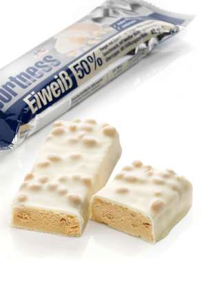 Eiweiß-Riegel 50 %, Crispy-White-Chocolate-Geschmack, mit weißer Maltit-Schokolade überzogen Sportness