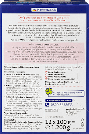 Potpuna hrana za mačke - losos, list i bakalar u sosu, 12x100g DEIN BESTES