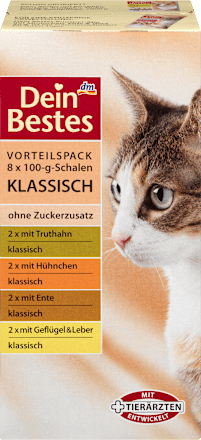 Nassfutter für Katzen, Vorteilspack Schalen klassisch mit Geflügel, 8 x 100g Dein Bestes