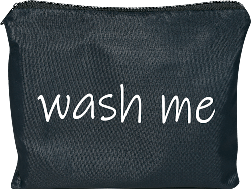 Wäschesack grau "wash me" und weißer Schrift manòu