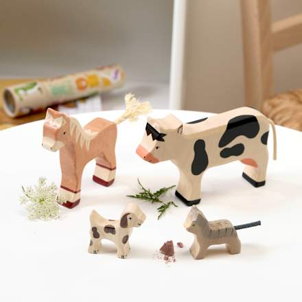 Holztiger Spielfigur-Set aus Holz, Kuh/Fohlen/Katze/Hund Gollnest & Kiesel