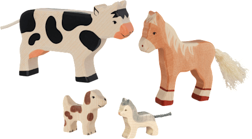 Holztiger Spielfigur-Set aus Holz, Kuh/Fohlen/Katze/Hund Gollnest & Kiesel