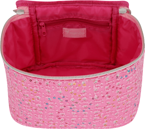 Kulturbeutel pink in Jeansoptik mit bunten Pailletten manòu