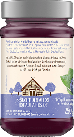 Fruchtaufstrich, Frucht Pur Heidelbeere 75% Frucht ALLOS