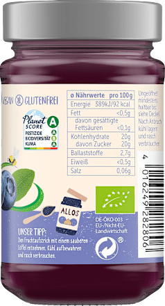 Fruchtaufstrich, Frucht Pur Heidelbeere 75% Frucht ALLOS