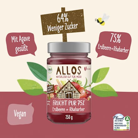 Fruchtaufstrich, Frucht Pur Erdbeere & Rhabarber 75% Frucht ALLOS