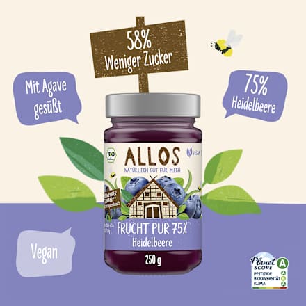 Fruchtaufstrich, Frucht Pur Heidelbeere 75% Frucht ALLOS