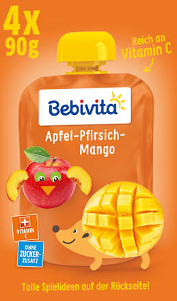 Quetschie Kinderspass Apfel-Pfirsich-Mango ab 1 Jahr (4x90 g) Bebivita