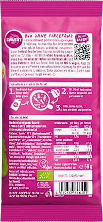Fertiggericht, Noodle Cup Lauch-Creme-Sauce mit Erbsenhack Davert
