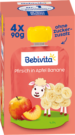 Quetschie Kinderspass Pfirsich in Apfel Banane ab 1 Jahr (4x90 g) Bebivita