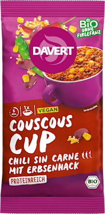 Fertiggericht, Couscous Cup Chilli sin Carne mit Erbsenhack Davert