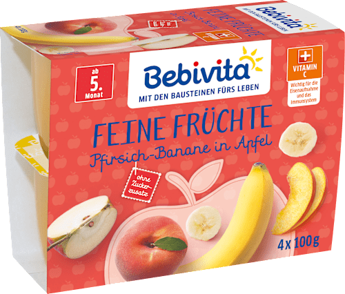 Früchte Feine Früchte Pfirsich-Banane in Apfel nach dem 4. Monat (4x100 g) Bebivita