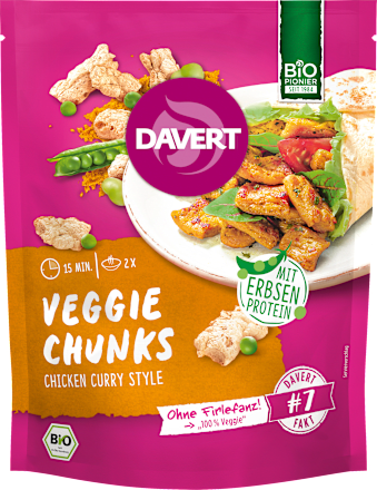 Fertiggericht, Veggie Chunks mit Erbsenprotein "Chicken Curry Style" Davert