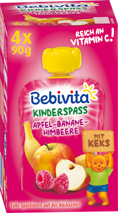 Quetschie Apfel-Banane-Himbeere mit Keks ab 1 Jahr, 4x90g Bebivita
