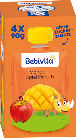 Quetschie Kinderspass Mango in Apfel Pfirsich ab 1 Jahr (4x90 g) Bebivita