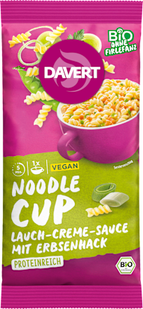 Fertiggericht, Noodle Cup Lauch-Creme-Sauce mit Erbsenhack Davert