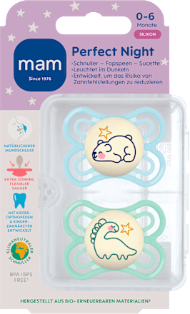 Schnuller Perfect Night Silikon, blau/mint, 0-6 Monate mam