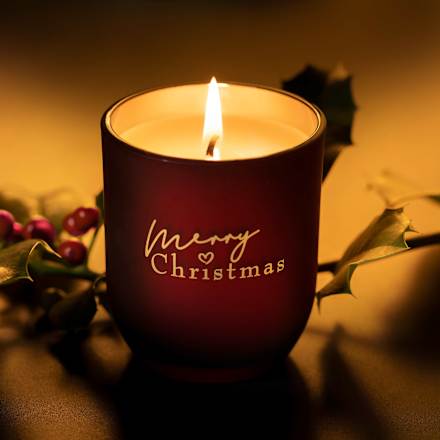 Duftkerze mit Glas 'merry christmas' bordeaux Dekorieren & Einrichten
