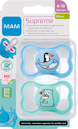 Schnuller Supreme Silikon, blau/türkis, 6-16 Monate mam