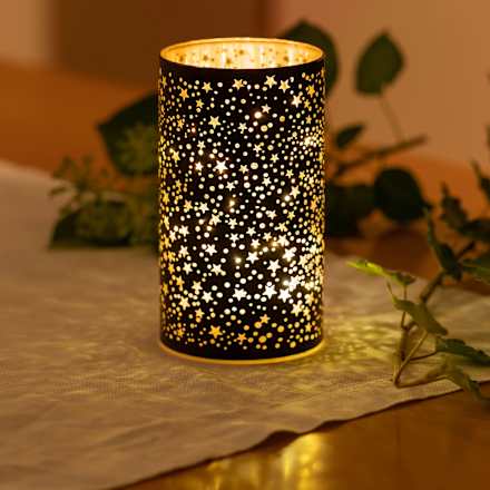 LED-Windlicht 16cm schwarz-gold mit Sternchen  Dekorieren & Einrichten