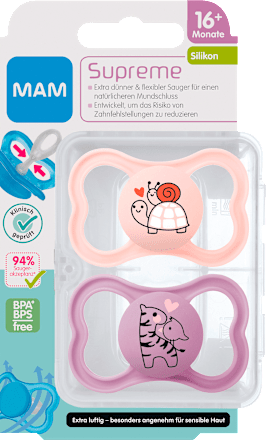 Schnuller Supreme Silikon, rosa/lila, ab 16 Monaten mam